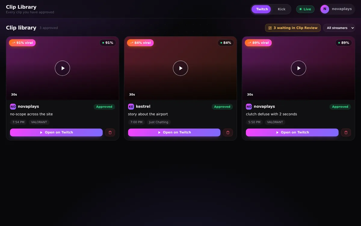 The Clip Library screen: approved clips, ready to download, edit and post