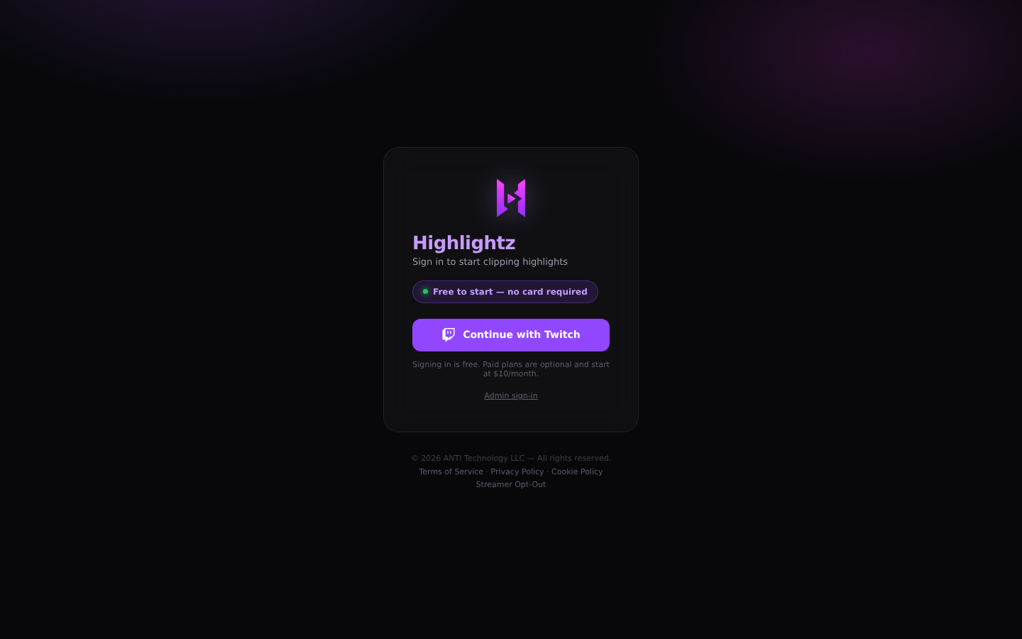 The Highlightz sign-in card with a Continue with Twitch button and a badge reading Free to start, no card required.
