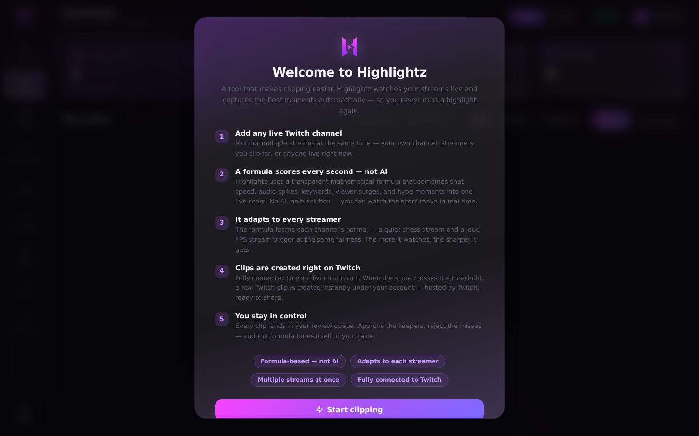 The welcome overlay listing five numbered points about how Highlightz scores a stream, with a Start clipping button.