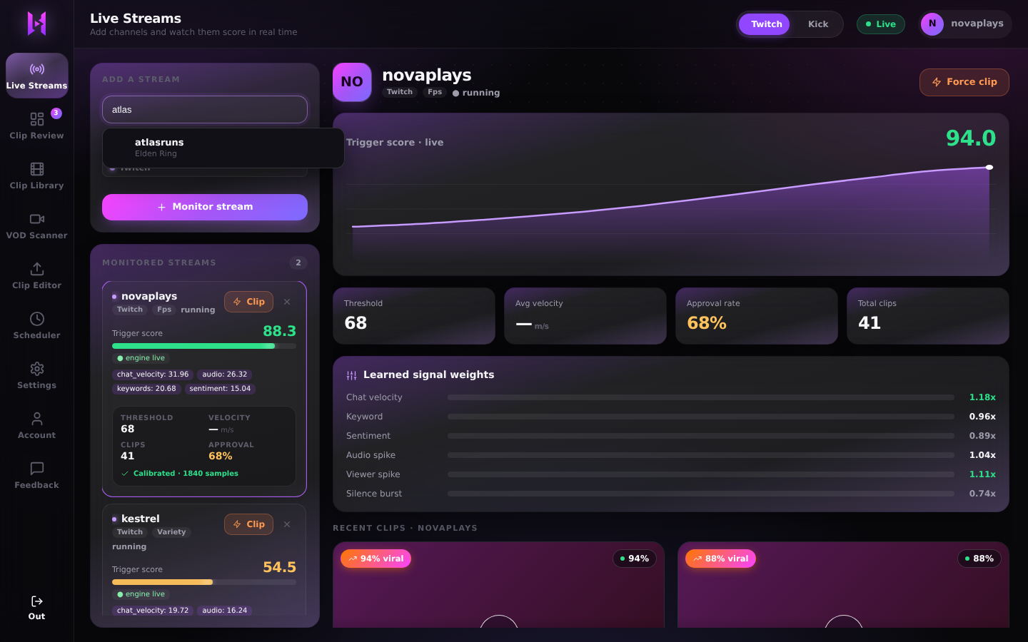 The Add a stream panel with a channel typed into the search box, the preset dropdown open, and the Monitor stream button below it.