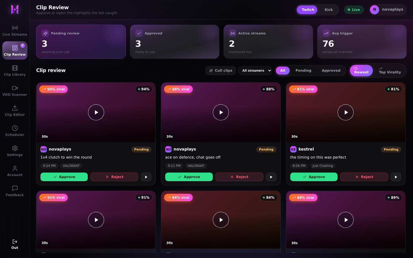 The Clip Review queue with pending clips, filter buttons for All, Pending and Approved, and Approve and Reject buttons on each clip.