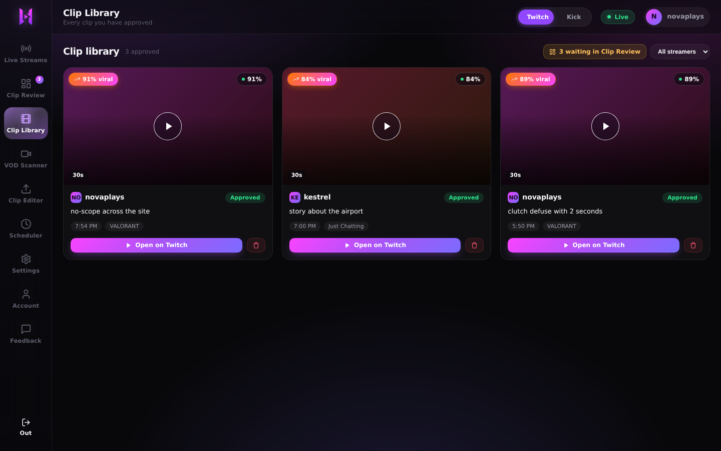 The Clip Library grid showing approved clips with their titles, channel names and trigger scores.