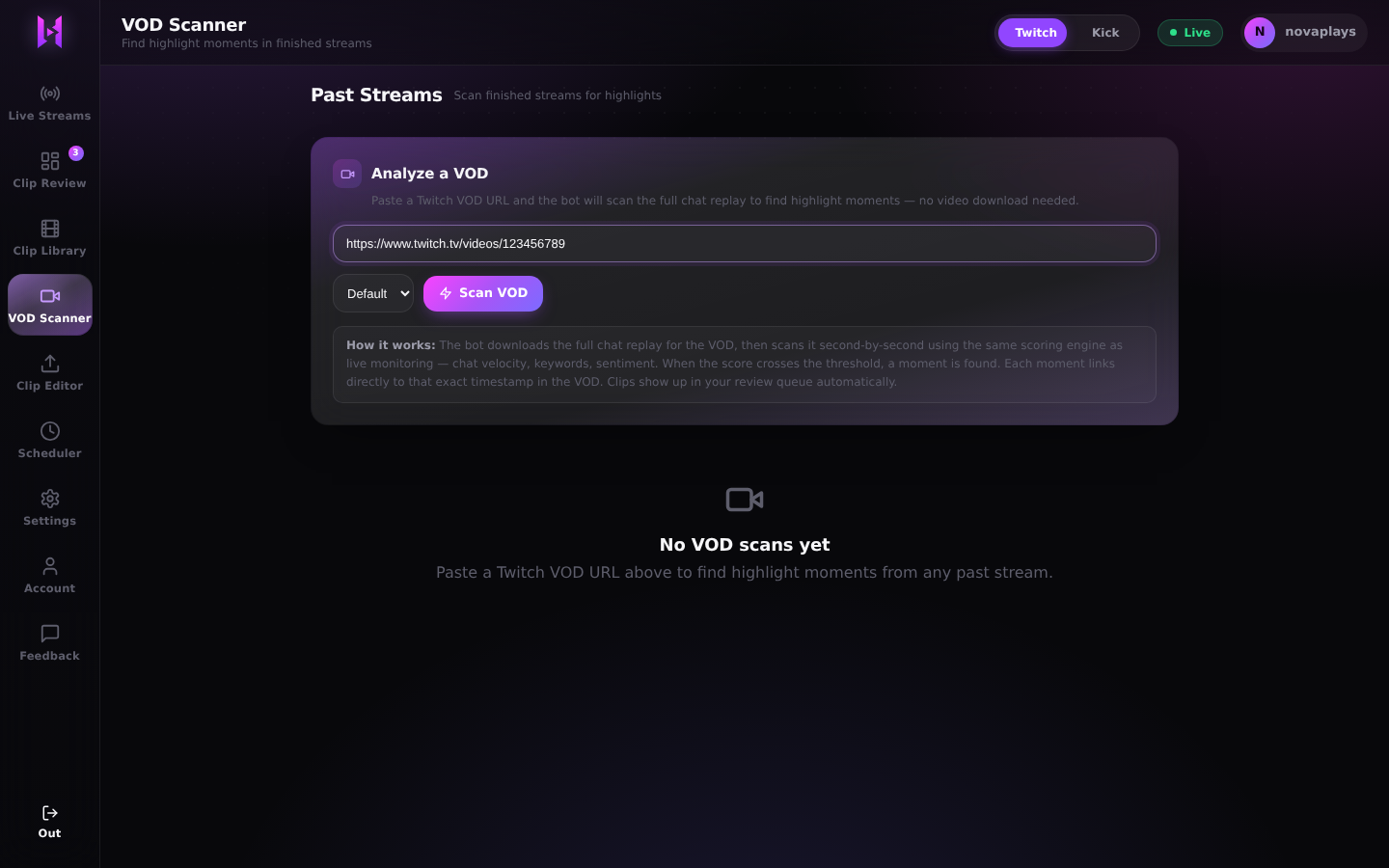 The VOD Scanner tab with a Twitch VOD URL pasted into the field and the Scan VOD button beside it.