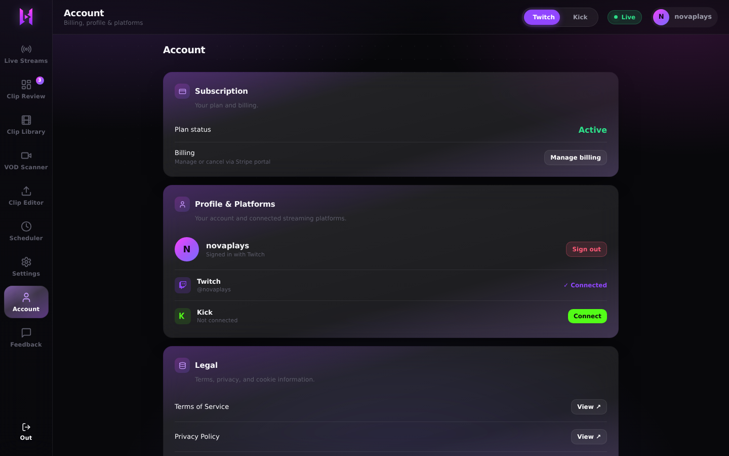 The Account tab showing plan status, a membership summary, and buttons to upgrade and manage billing.